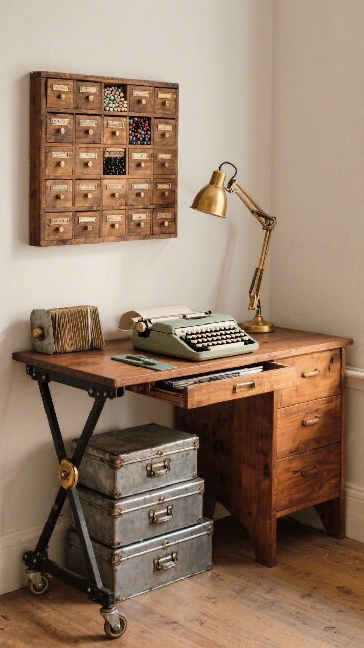 Medium shot from a corner angle of a compact vintage workstation: an antique folding typewriter table on locking wheels used as a pull-out cutting station beside a small warm-oak desk. On the wall, an old wooden postal sorter/card catalog with multiple tiny drawers labeled for beads, ink pads, and thread. A stacked set of metal vintage toolboxes (brushed steel) sits beneath. An accordion wall lamp in brass extends over the work surface. Mixed finishes repeat: brass accents, black iron brackets, and warm oak wood. Warm, cozy lighting with subtle shadows; photorealistic patina on wood and metal.
