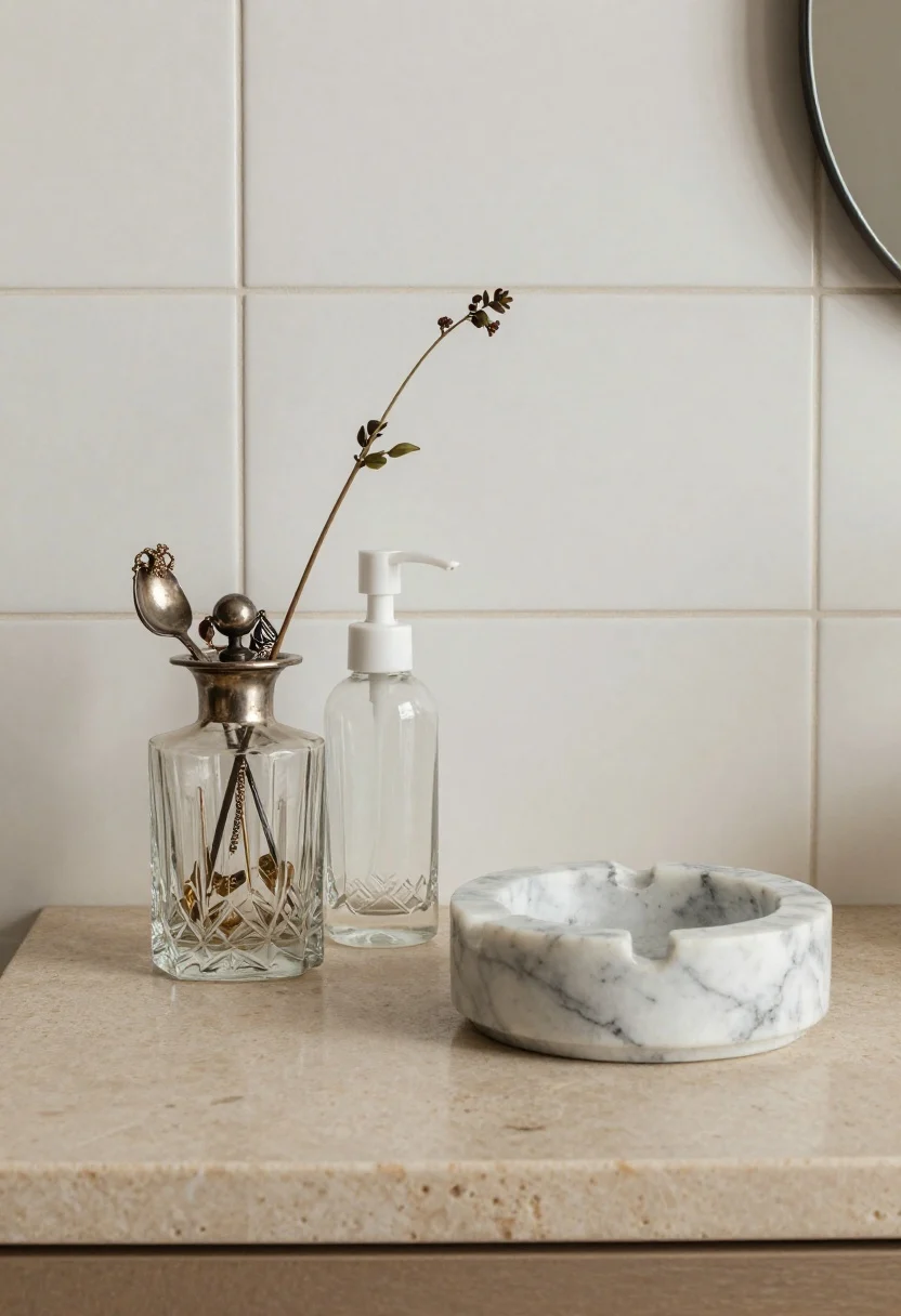 Medium shot from a slight corner angle showcasing vintage touches: a tarnished thrifted silver dish holding jewelry and hair pins, an antique cut-glass perfume bottle repurposed as a bud vase with a single stem, and an old marble ashtray used as a soap dish; mix with modern basics (simple dispenser, clean tiles) for a collected-not-cluttered look; warm ambient light highlighting patina and stone veining.