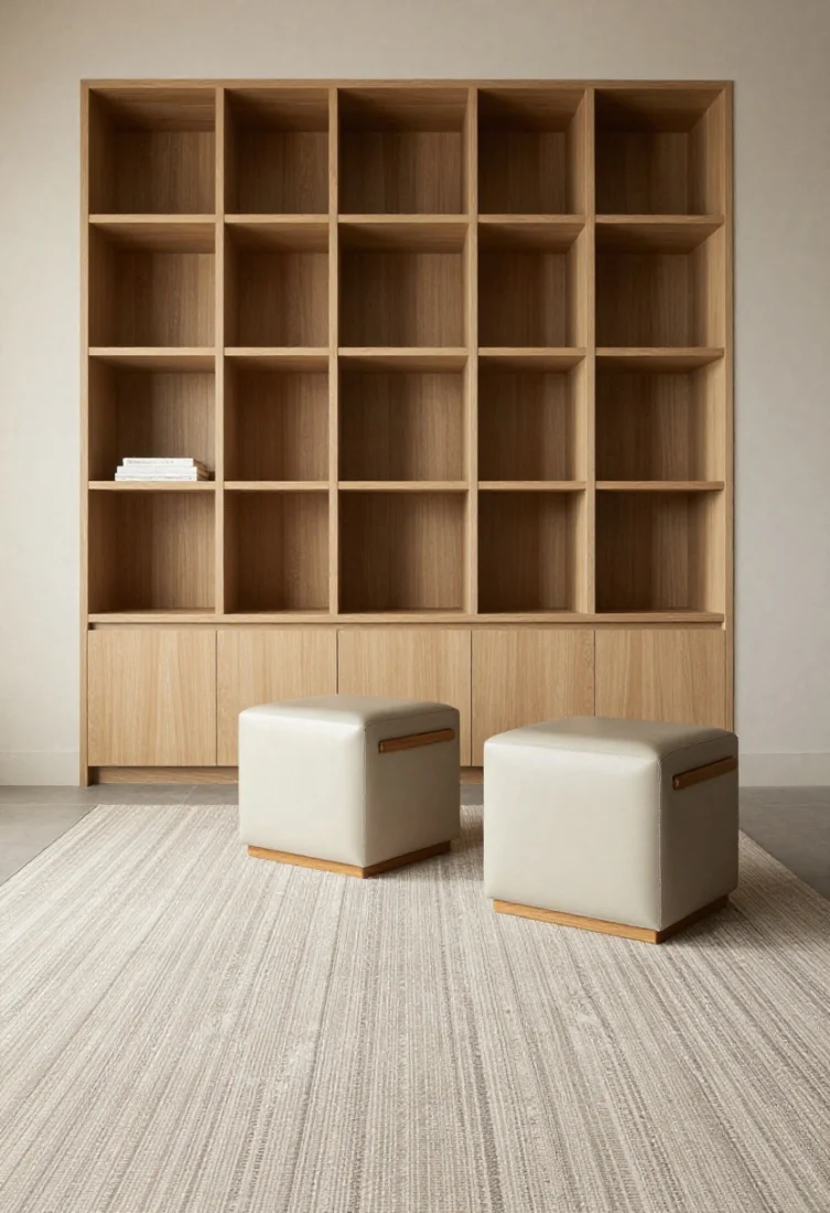 Medium shot grounding the one-wall composition with textiles and seating: a low-pile performance runner parallel to the cabinetry, subtle pattern in neutral tones; slim, upholstered leather stools with wood frames that echo cabinet tones; layered lighting softens acoustics; inviting yet sleek, with precise proportions for walkways