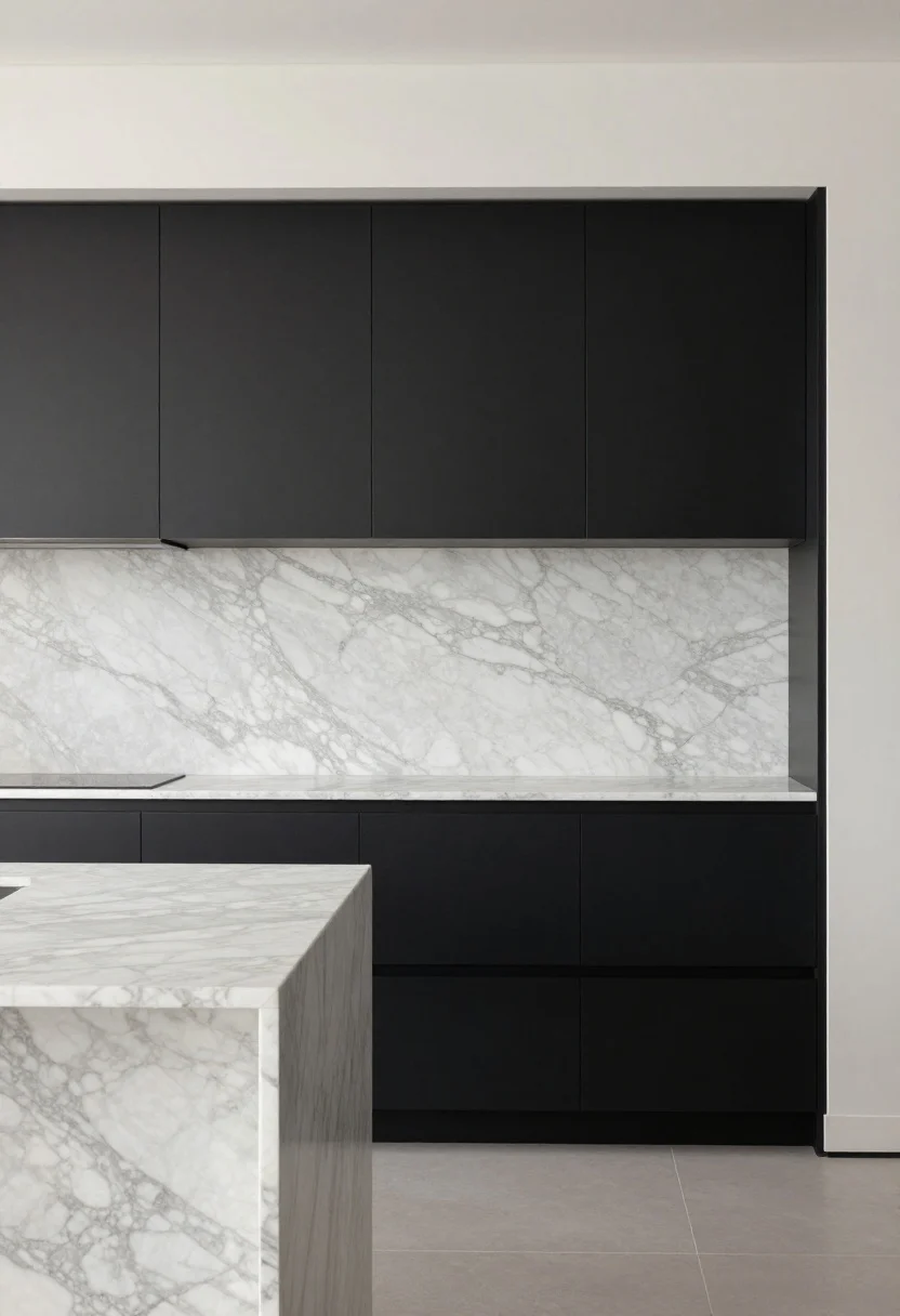 Medium shot: Minimalist, flat-panel cabinets in soft black with integrated J-pull profiles, matte finish, and a bold slab of viola marble countertop and backsplash as the sole dramatic element; calm greige and white palette elsewhere; even, studio-like lighting to make the marble sing while keeping lines crisp; no people.