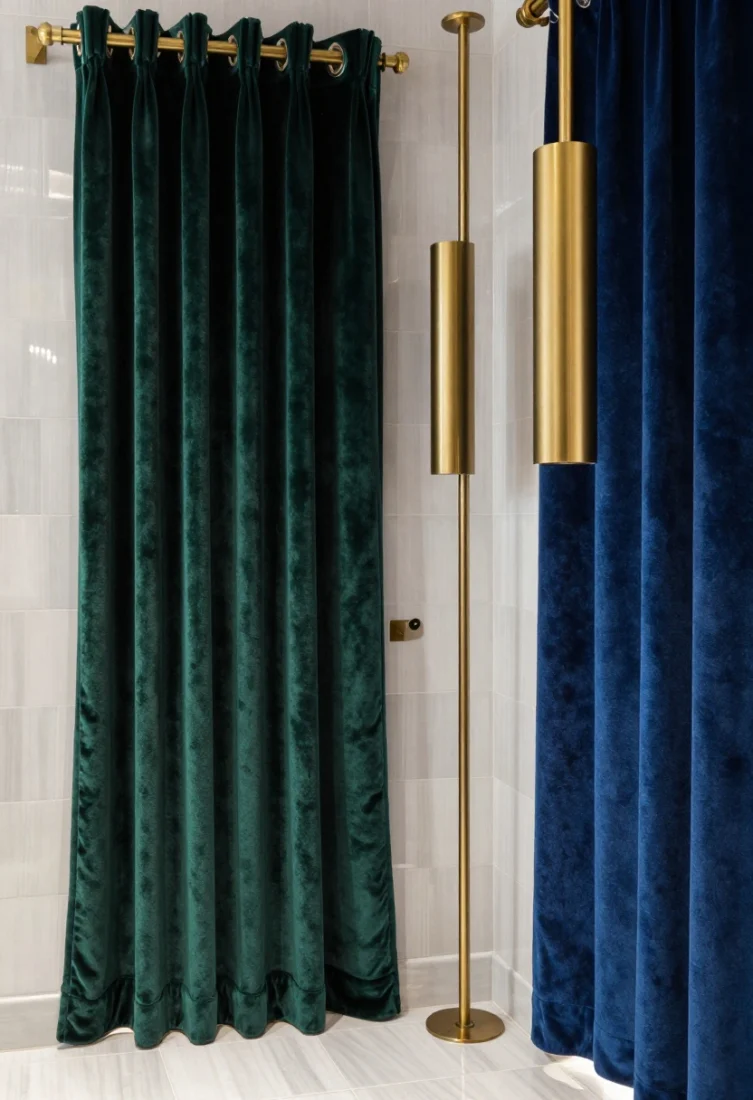 Medium shot: Moody powder room with performance velvet curtains in a deep jewel tone (emerald or sapphire) cut to the sill/apron with exacting length. Luxurious pile absorbs light, taming glare from sculptural sconces. Hardware in burnished or unlacquered brass with solid, clean-lined finials. High-gloss tile and lacquered accents contrasted by the velvet’s richness; atmospheric, boutique-hotel vibe.