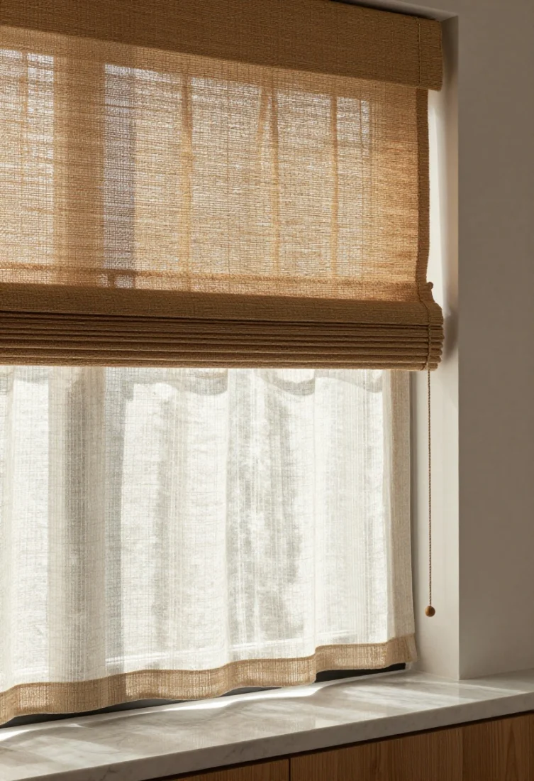 Medium shot: Natural woven wood shade in abaca/jute with a light-filtering linen liner, outside-mounted to frame the window. Shade tone matched to a warm oak vanity or a step darker for anchoring. Neutral driftwood finish avoids orange hues against cool marble. Cord-free lift, moisture-tolerant weave. Sunlight creates refined shadow play; tactile depth reads luxurious.