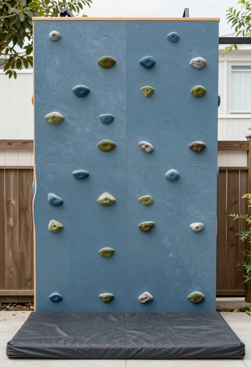 Medium shot of a backyard mini bouldering wall: marine-grade plywood panel with routed edges mounted to a fence, painted in dusty blue with olive undertones. Color-coordinated climbing holds in tonal blues and olives arranged thoughtfully; visible T-nut grid implied by hold placement. Thick rubber crash mats below for safety, height capped at about 7 feet. Bright but indirect daylight; straight-on view for graphic, modern look.