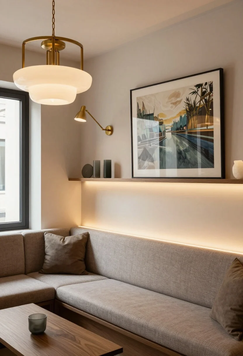 Medium shot of a boutique-hotel-inspired small living area showcasing layered lighting: a brass semi-flush chandelier with alabaster diffuser overhead, plug-in swing-arm sconces framing a large artwork above a sofa, subtle LED cove strips washing built-in shelves, and a dimmer-controlled warm glow (2700–3000K). Include a smoked-glass element or alabaster detail, consistent warm color temperature across fixtures, no harsh blue light. Premium finishes, edited styling, and rich shadows that highlight materials.