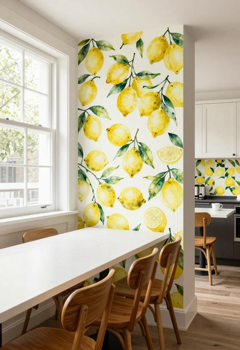 Medium shot of a breakfast nook feature wall with sophisticated lemon-print wallpaper: watercolor-style lemons with ample white space on a single wall opposite a window; simple white cafe table with warm wood chairs; nearby open shelf backed by the same lemon wallpaper; optional peel-and-stick lemon tile decals as a small backsplash accent at a coffee station; natural daylight to prevent pattern from overpowering; neutral surrounding walls and cabinetry