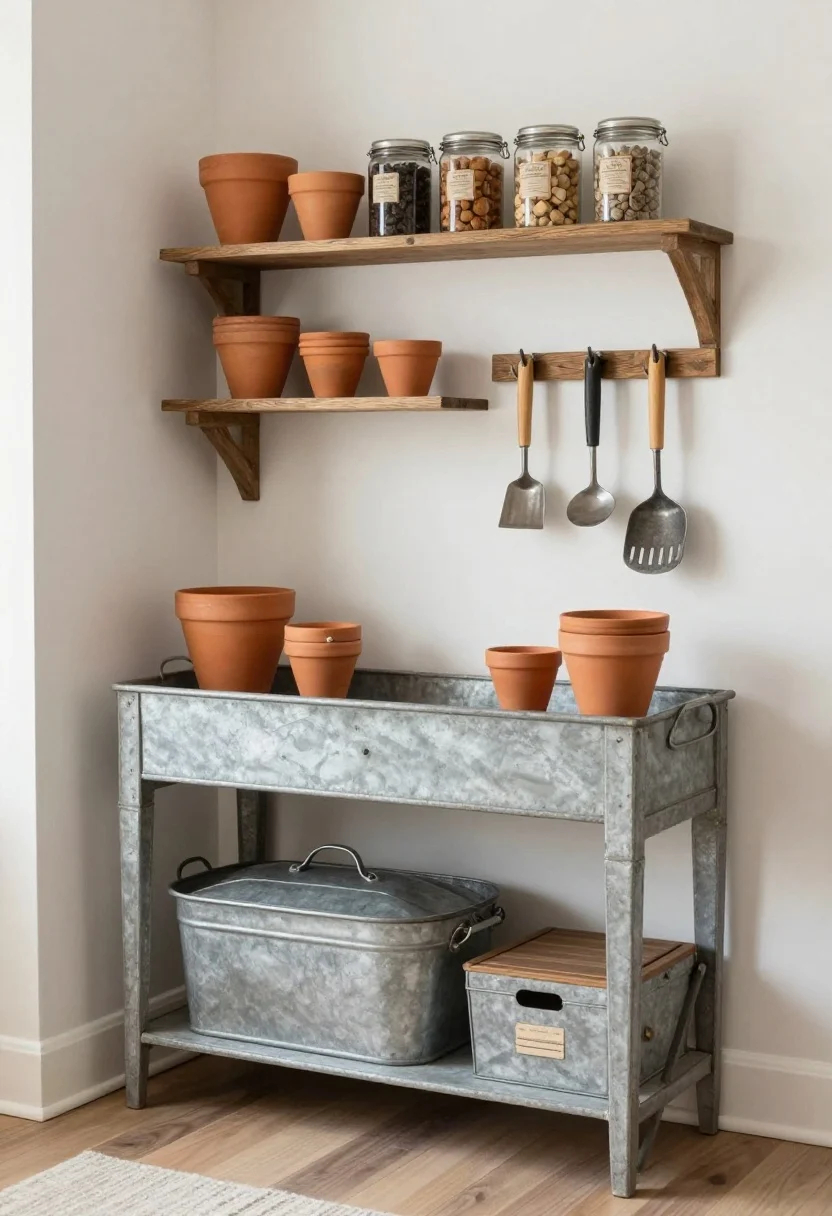 Medium shot of a chic potting corner: reclaimed console as a potting bench, galvanized trugs, a tidy row of terracotta pots, weatherproof shelving with neatly labeled jars, wall hooks with premium hand tools, a foldable stool tucked below; a lidded compost caddy and discreet storage box; surfaces ready to patinate; styled like a kitchen still life with refined order; soft, even daylight; no people.