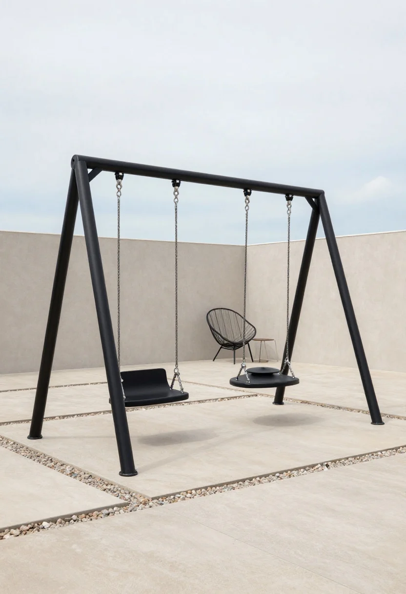 Medium shot of a chic swing zone: matte-black A-frame swing set with two classic belt swings and one disc swing for spinning, placed over neat rubber tiles with pea gravel border. Clear 6–8 feet of open space front and back; nearby a black metal-framed egg chair on a small deck corner for supervising adults. Neutral colors with black accents, soft sky-blue highlights, overcast daylight for even lighting; angled three-quarter view to show safe clearances.