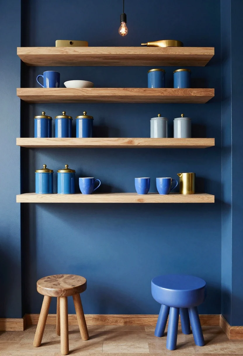 Medium shot of a color-drenched coffee nook where the entire zone—back wall, floating shelf, canisters, and a small stool—is painted cornflower blue, paired with natural wood accents; matching blue ceramic mugs, blue-labeled jars, and swapped hardware in warm brass; cozy warm bulbs at 2700–3000K casting a soft glow; jewel-box effect, tightly framed corner composition, no people