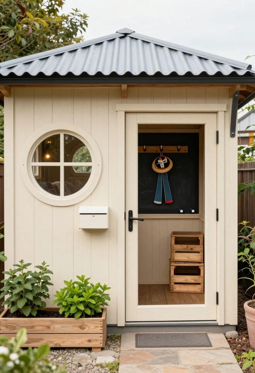Medium shot of a cozy clubhouse/garden fort: small shed-style structure with board-and-batten siding painted soft mushroom, a Dutch door ajar, round porthole window, and a corrugated metal roof. Exterior planter box with mint and chives under the window; a small mailbox mounted near the door. Inside glimpse reveals a chalkboard wall, hooks for costumes, crate storage, and battery puck lights. Soft, even daylight; straight-on composition emphasizing refined palette.