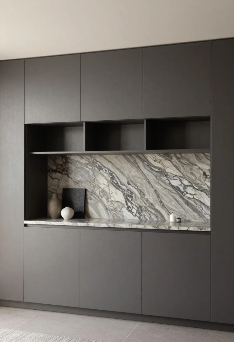 Medium shot of a dramatic, artful backsplash treated as a gallery wall: a continuous, richly veined honed marble slab running from counter to ceiling, flowing behind a low-profile hood and a pair of thin open shelves; quiet, deep monochrome cabinetry in warm greige frames the stone; a slim stone ledge displays a petite vase, a small art piece, and salt cellars; soft accent lighting grazes the veining; luxurious, sculptural atmosphere
