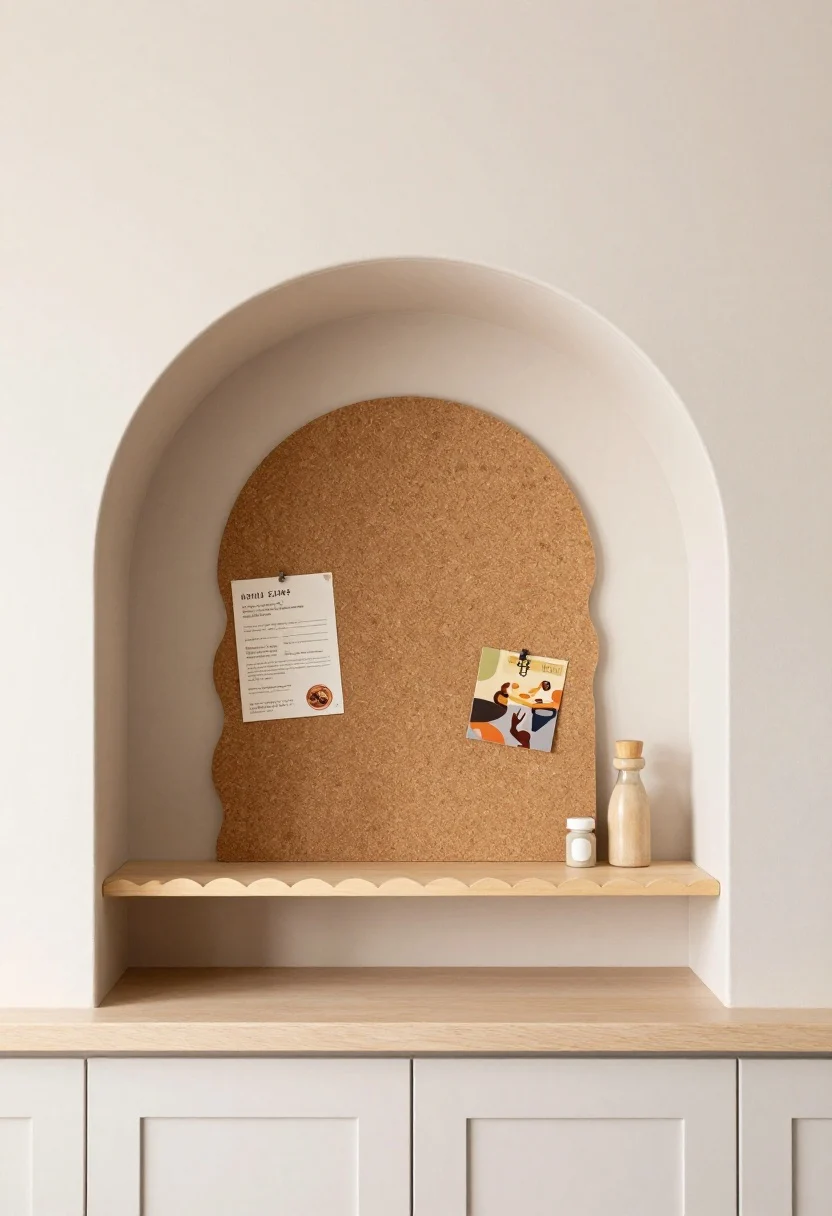 Medium shot of a kitchen wall vignette showcasing curves and waves: a scalloped shelf trim on a short display shelf, a wavy-edge cork board with a pinned recipe card and postcard, and an arched peel-and-stick decal creating a faux niche above a small bar setup; straight cabinetry framing the curvy pieces for balance; neutral tones with a pop of soft pastel; soft indirect daylight, clean lines, friendly vibes