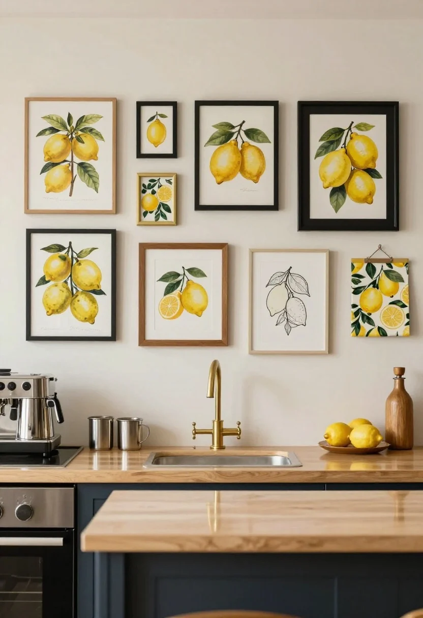Medium shot of a kitchen wall with collected lemon art: a mini gallery above a coffee bar featuring vintage citrus label print, botanical lemon study, and minimalist lemon line art; frames in black, wood, and brass mixed intentionally to match cabinet hardware; a small swatch of framed lemon-print fabric for budget charm; warm ambient lighting and subtle reflections from nearby counter for a sophisticated mood