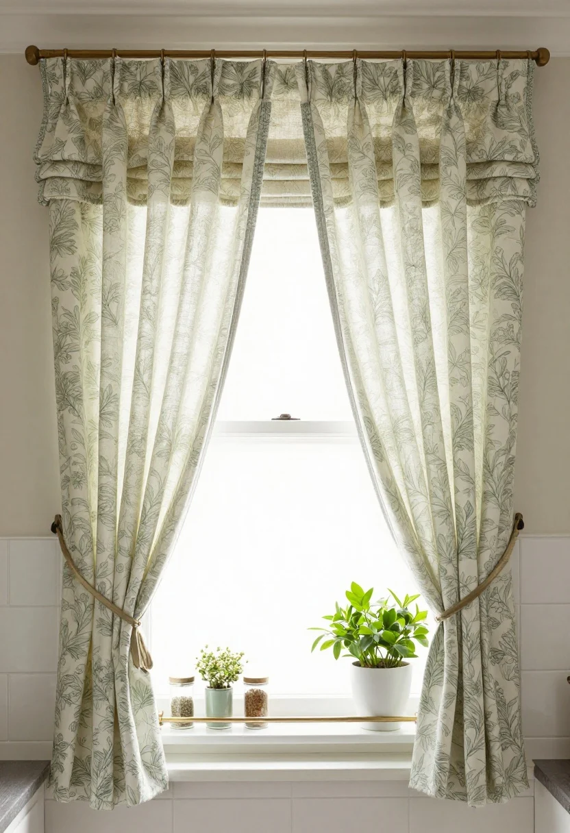 Medium shot of a kitchen window dressed like a Parisian café: café curtains in a delicate foliage print that repeats a soft green found elsewhere in the kitchen, hung slightly higher than usual; airy linen roman shade above as a secondary layer; clip rings visible for easy removal; a tiny rod shelf at the sill holding two mini plants and a pair of spice jars; bright natural light filtering through, gentle shadows on white tile