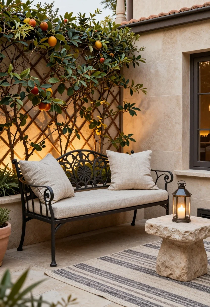 Medium shot of a layered seating nook on a petite stone terrace: wrought iron café set and a vintage-inspired bench, an outdoor rug in a faded stripe defining the footprint, linen-look cushions, a small stone side table with a vintage-look lantern and petite bistro lamp; trellis backdrop with espaliered fruit forming a “wall”; evening glow with layered, warm lighting; refined, cozy, and composed; no people.