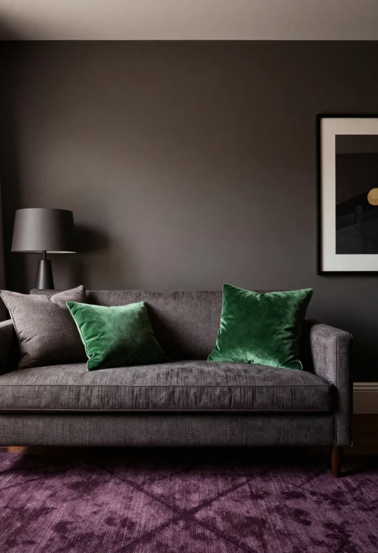 Medium shot of a lounge vignette showcasing a tight charcoal-to-deep taupe base palette with one subversive hue: espresso walls, charcoal sofa, deep taupe drapery; acid green velvet cushions repeated on a small lamp shade and a subtle accent in artwork for continuity; a bruised-purple, slightly overdyed rug grounding the scene with front legs of seating on it; lighting warm and cinematic; finishes premium and restrained, confident composition.