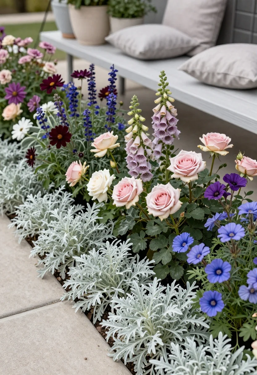 Medium shot of a planting bed layered like a painting: base of silvery green and sage foliage, primary blooms in blush, dusty rose, buttercream, and mauve (foxglove, garden roses, lady’s mantle), accented by deep plum and inky blue notes (dark cosmos, purple salvias); nearby ceramic planters in chalky finishes and linen cushions in dusty tones on a muted outdoor bench; soft, sun-washed afternoon light; premium, harmonious palette with light, mid, and dark values; no people.