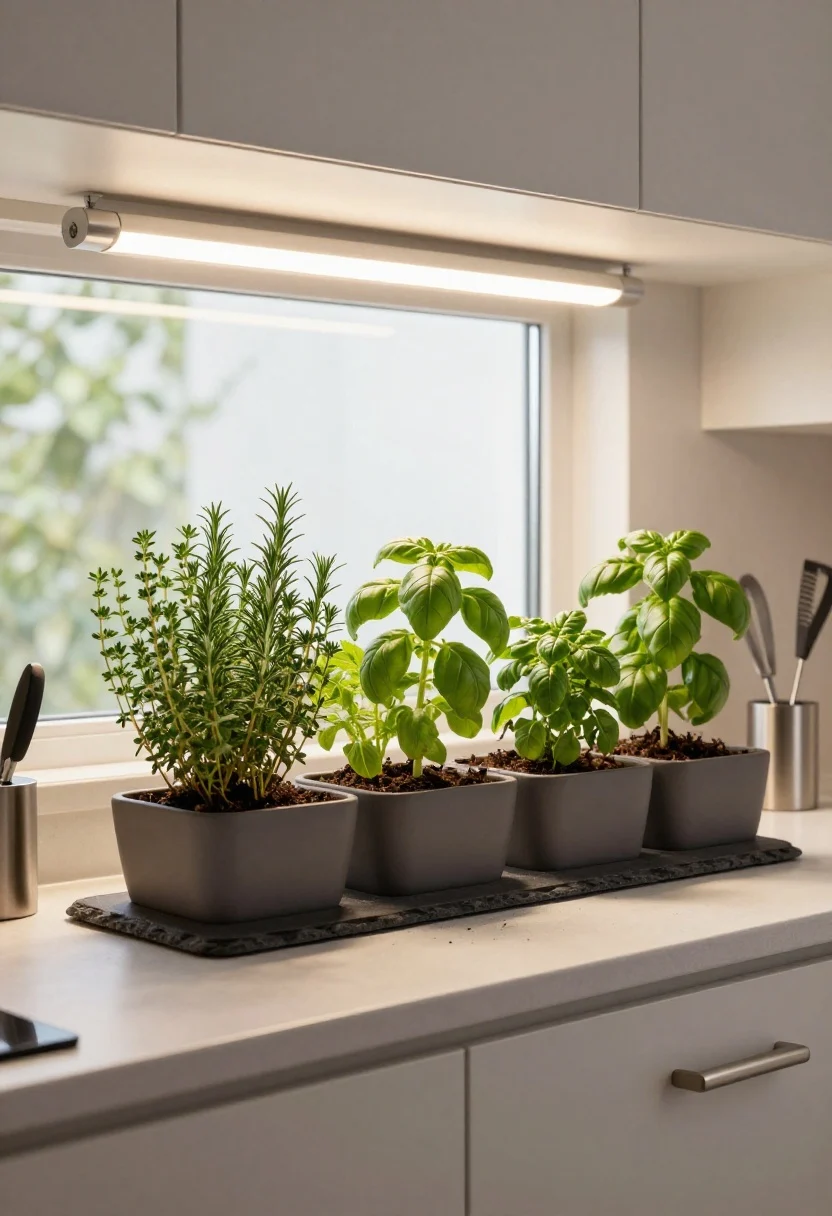 Medium shot of a thriving micro herb garden on a kitchen counter near a bright window: three narrow, matching matte ceramic planters in a row on a dark slate riser, planted with thyme, rosemary, and basil; a slim under-cabinet grow light bar glows subtly; include sleek herb snips standing in a mini utensil holder; clean white backsplash, brushed steel hardware, soft daylight with a hint of grow light warmth; crisp, modern styling with moisture-friendly surfaces.