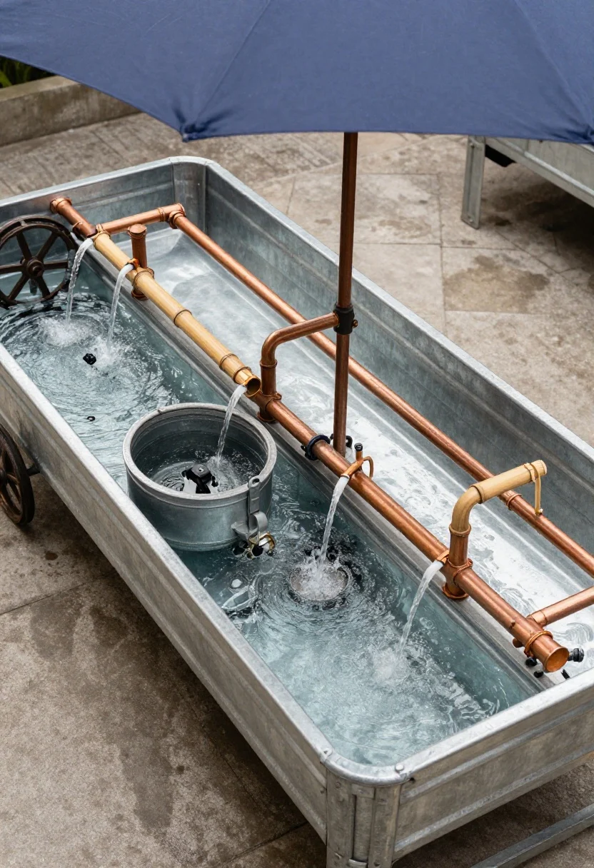 Medium shot of a water play lab: DIY water table with galvanized troughs, copper pipes and bamboo spouts feeding channels powered by a small recirculating pond pump hidden in a lidded bin. Pavers underfoot to manage splash, valves and water wheels visible for tinkering. A cantilever umbrella casting gentle shade; industrial-farmhouse aesthetic with crisp reflections on metal. Cool color grading, slight top-down angle to emphasize flow paths.