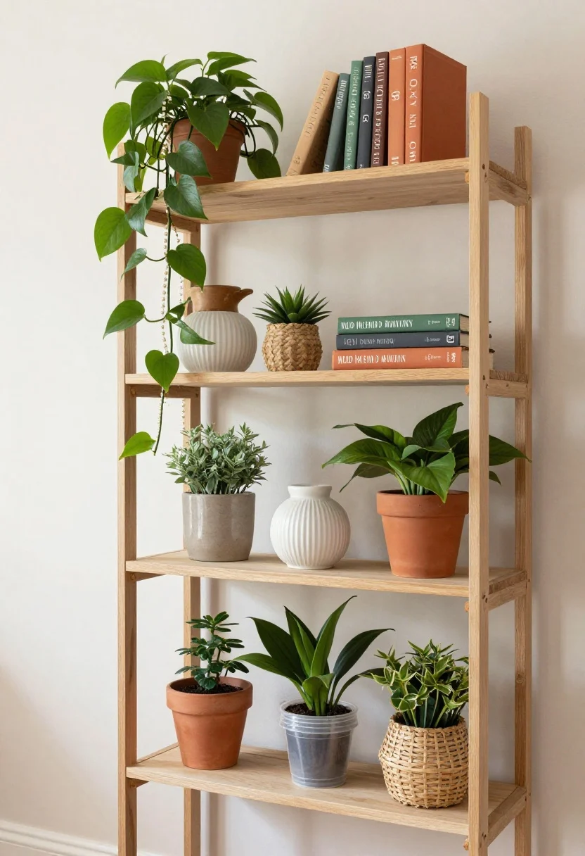 Medium shot of an open bookshelf “shelfie” styled with the rule of thirds: one-third books, one-third decor, one-third plants; trailing drama from pothos, string of pearls, and philodendron micans cascading down; texture trio of matte terracotta, ribbed white ceramics, and small woven basket planters; include visible plastic nursery pots nested inside planters for realism; warm indirect daylight from the side; clean, breathable composition, slight angle from the aisle.