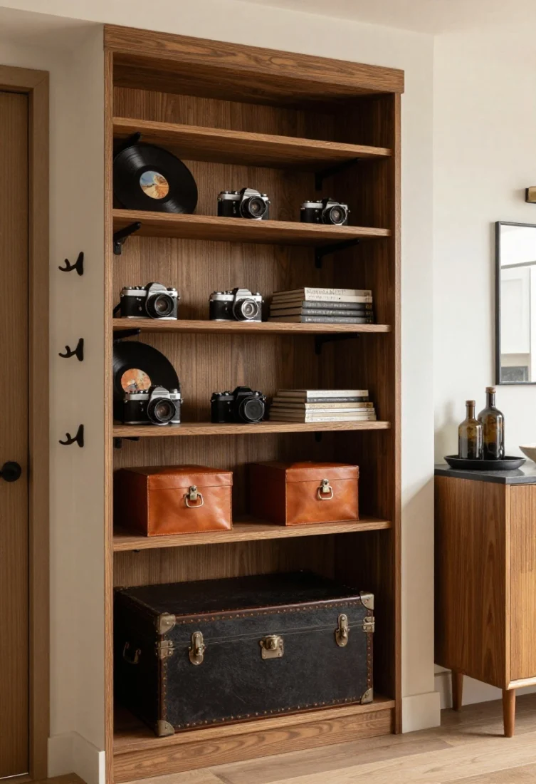 Medium shot of beautiful storage balancing visible story and concealed order: open shelving with blackened brackets showcasing vinyl, vintage cameras, and stacked art books; a low credenza with ribbed wood fronts conceals clutter; a vintage trunk repurposed as a coffee table; lidded matte ceramic and leather boxes corral small items; entry zone at frame edge with forged iron wall hooks, slim console, and a catch-all tray; kitchen glimpse with black stoneware and rescued glass bottles; tones cohesive, lighting warm and controlled.