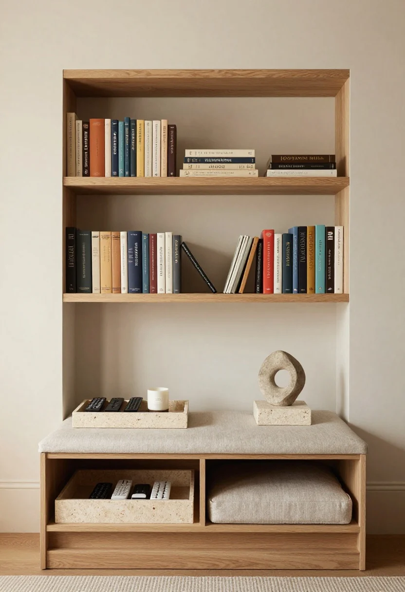 Medium shot of concealed-practical, spotlight-beautiful storage: a fluted-door media console color-integrated to match the wall, an upholstered storage bench with a lift-top, and an ottoman with a removable tray top. On a lacquer or stone tray, neatly corral remotes and a candle with snuffer; a single sculptural object elevated on a stone pedestal for gallery gravitas. Bookshelf vignette following the 60/30/10 rule with coordinated spines and intentional negative space. Warm, layered lighting and premium finishes; no visible wire racks or mismatched bins.