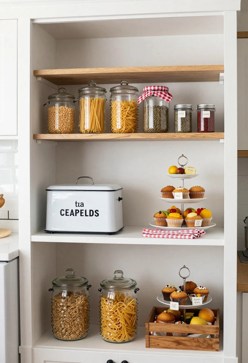 Medium shot of countertop and open shelf storage turned display: hobnail glass canisters filled with pasta and lentils, a white enamel bread box with black lettering, gingham-lidded jars, and a small wooden crate with hand-painted labels; magnetic spice tins neatly lined on the side of the fridge; a tiered stand stacking fruit, muffins, and napkins for a market-day vibe; warm daylight, tidy and inviting