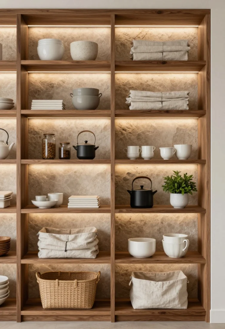 Medium shot of intentional open shelving against a quiet backdrop: thick walnut shelves with concealed LED strips washing a honed stone backsplash; curated ceramics, a few cook essentials, linen-lined baskets, and a touch of greenery; generous negative space between objects; grouped by height and material for rhythm; refined, gallery-like composition