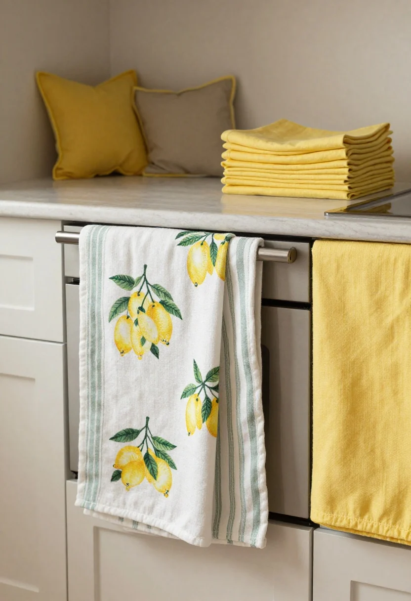 Medium shot of kitchen textiles adding instant cheer: a bold lemon-print tea towel draped over an oven handle paired with a subtle striped runner on the island, solid lemon-yellow napkins stacked on the counter, and neutral chair cushions with lemon-yellow piping at a breakfast bar; cotton-linen blends visible in texture; soft, warm ambient lighting for a cozy, intentional look; white and sage accents tying prints together