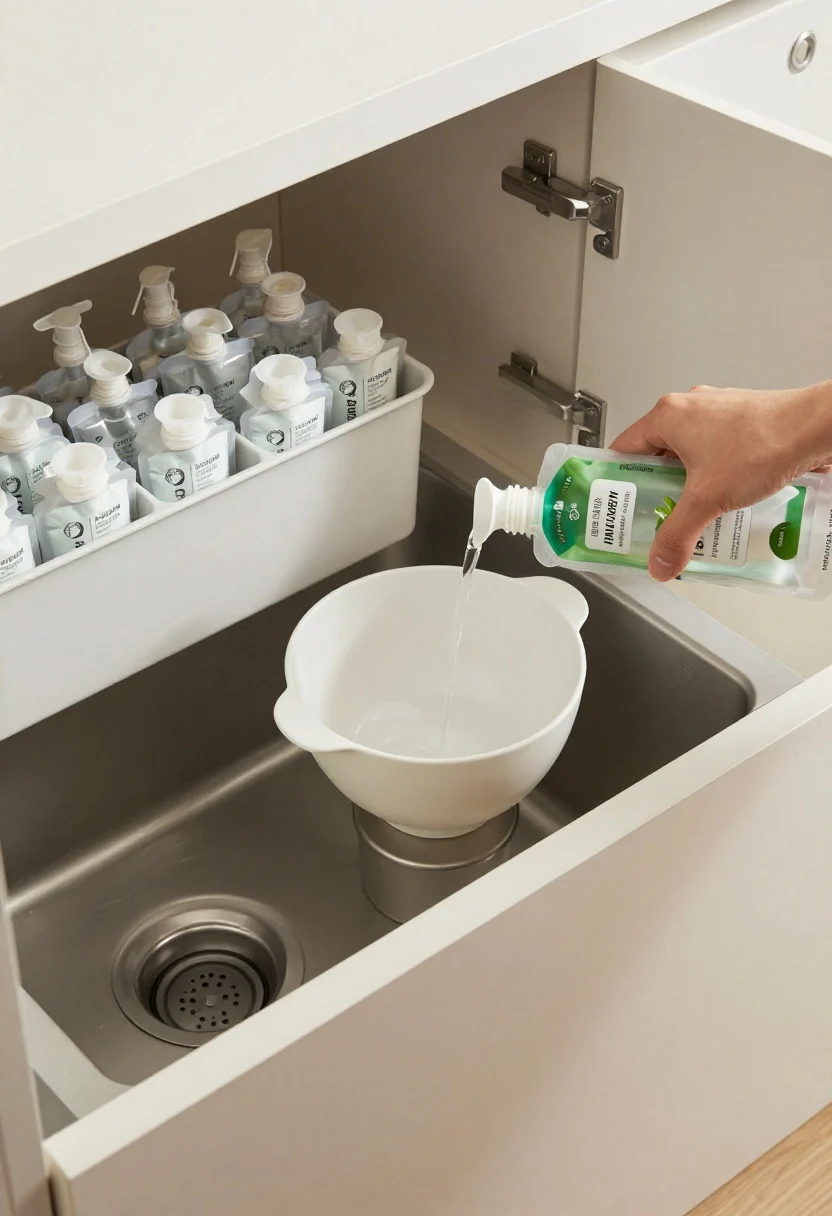 Medium shot, overhead angle: a slim, durable counter bottle being refilled via a silicone funnel from a low-waste refill pouch (no hands shown). Nearby, a labeled bin under an open sink cabinet holds spare pouches neatly. Clean, modern scene emphasizing reduced plastic and consistent design; bright functional lighting, neutral palette; photorealistic.