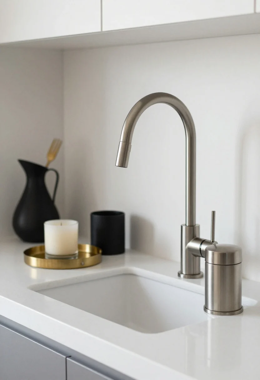 Medium shot showcasing layered metal moments on a white quartz counter: dominant metal is a brushed nickel faucet; accents include a brushed brass tray holding a candle and small vessel, a black steel utensil crock, and a polished nickel salt mill; each accent metal appears at least twice (e.g., a second brass detail on a small frame, a second black steel item as a small canister); soft, smudge-free reflections; balanced, intentional styling under diffuse daylight.