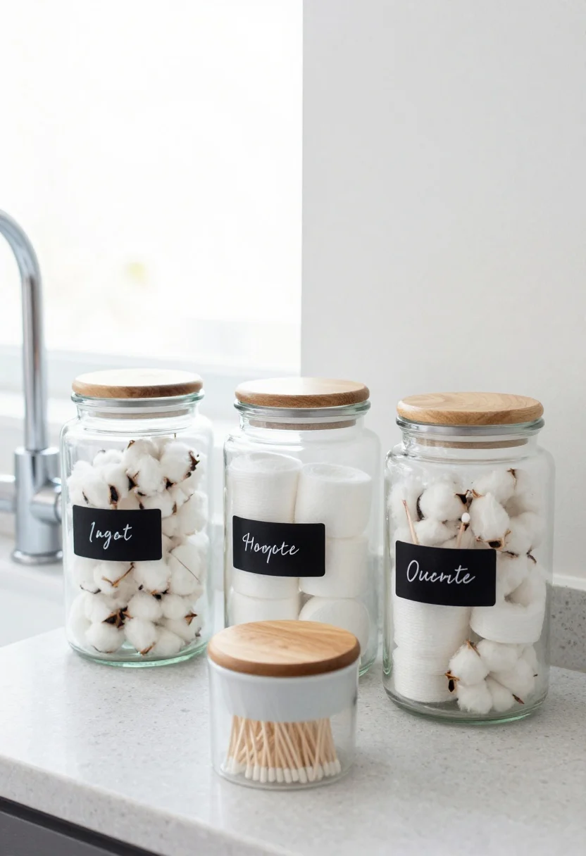 Medium shot, slight overhead of hardworking canisters: two glass apothecary jars filled with cotton rounds and floss picks, a ceramic canister with a natural wood lid holding Q-tips; styled as an odd-number trio in a line; minimal black script labels on each jar; quartz countertop, chrome faucet, bright clean daylight for clarity; background blur keeps focus on storage.