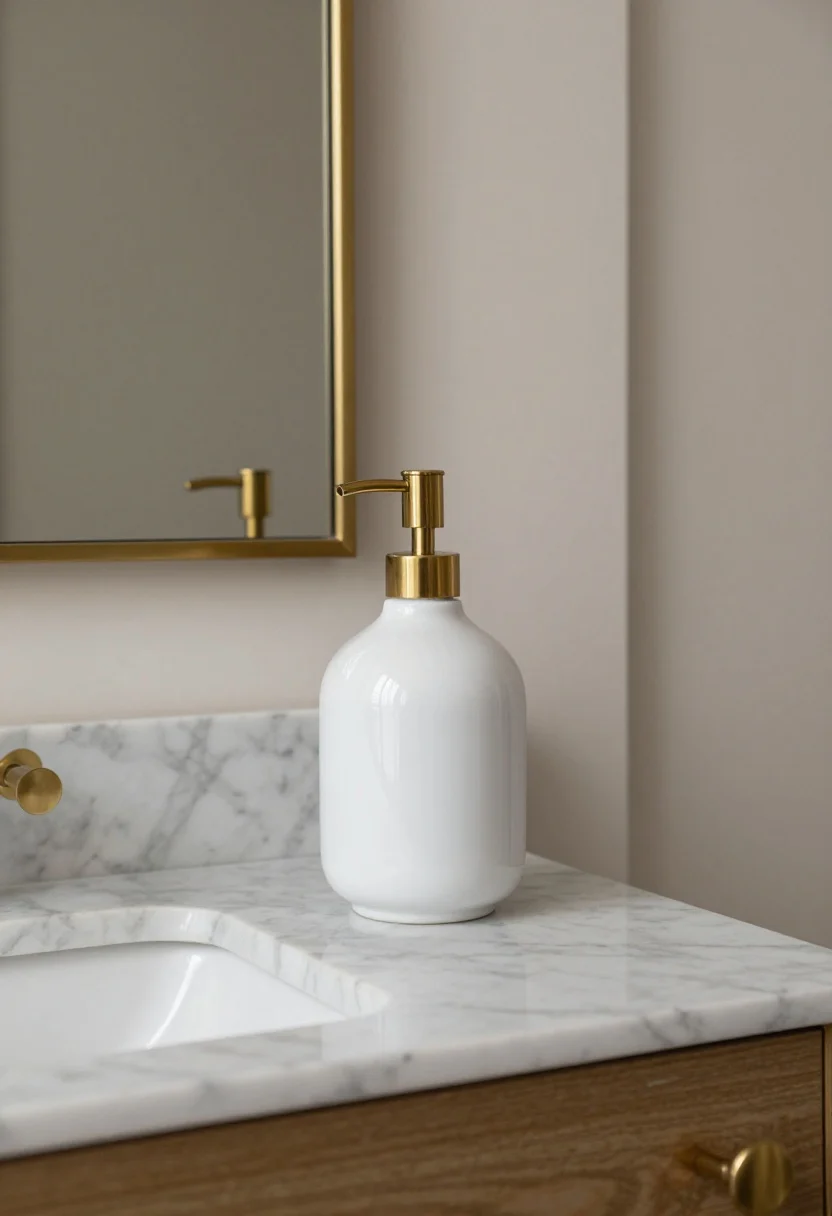 Medium shot, straight-on: a glossy white ceramic soap dispenser with a warm brass pump on a marble vanity, flanked by a brass-trimmed mirror and brass cabinet pulls to repeat the metal finish. Balanced, boutique hotel vibe with gentle highlights bouncing off the ceramic and brass. Clean, timeless palette; soft ambient light for a slightly glam feel; photorealistic.