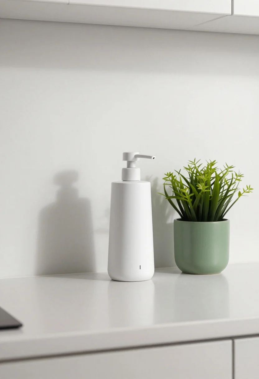 Medium shot, straight-on: a slim, refillable touchless soap dispenser on a kitchen counter, shown in matte white for Scandinavian minimalism. Adjustable flow indicator visible. Grouped next to a small green planter/herb jar for color and life. Clean backsplash, modern lines blending into the space, bright natural task lighting and subtle reflections; no fingerprints or smudges; photorealistic.