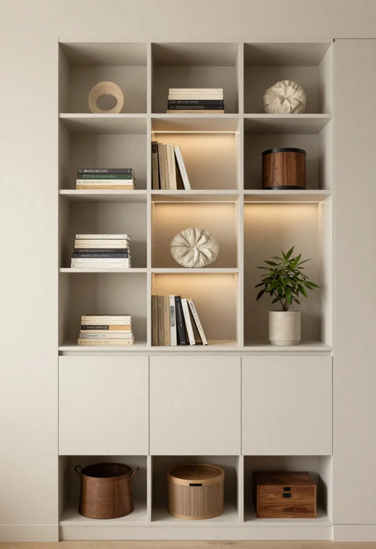 Medium shot, straight-on: A wall of slim, built-in-look shelving (10–12 inches deep), color-matched to a soft greige wall for continuity, with closed storage on the lower third and open shelves above styled in restrained thirds—books stacked both horizontally and vertically, a sculptural stone object, and a single small plant. Alternatively, a luxe contrast option in walnut with ebonized accents. Subtle picture light above, linear LED under-shelf glow, elevated baskets and lidded boxes below. Quiet, vertical rhythm that draws the eye up.