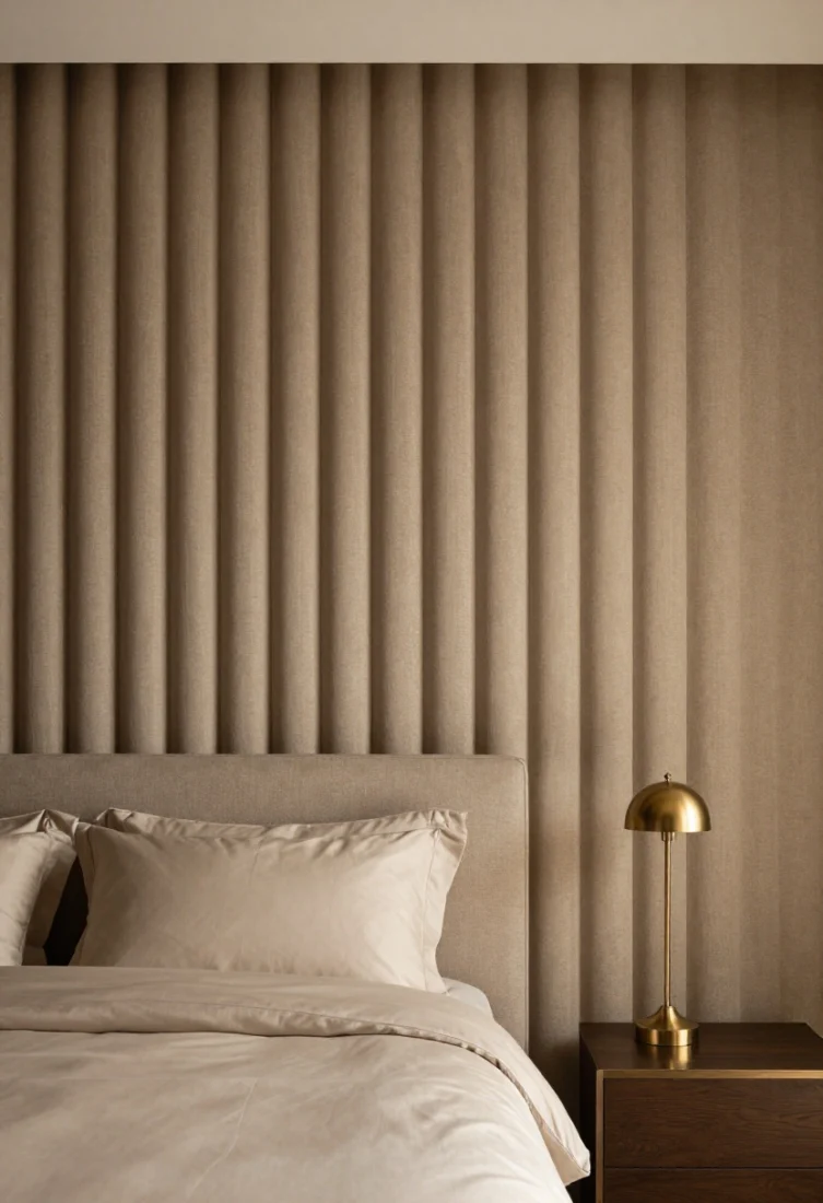 Medium shot, straight-on headboard wall: Architectural texture created by a fluted panel treatment behind the bed, tone-on-tone in warm taupe with a subtle satin sheen catching evening light; grasscloth-inspired texture on adjacent panel for organic warmth; smooth luxury bedding and refined antique brass accents to balance tactility; soft shadows emphasizing depth and quiet drama.