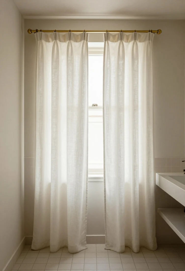 Medium shot: Street-facing powder room with small footprint, straight-on view of café curtains mounted at or slightly above window midline. Soft cotton or performance linen in warm white with a micro-pleat header hangs from a slim brass café rod with discreet café clips. Lower-half privacy, upper window open for airiness. Optional matching slim valance hinted above. Clean tile, compact vanity, aspirational styling with restrained accessories and layered light.