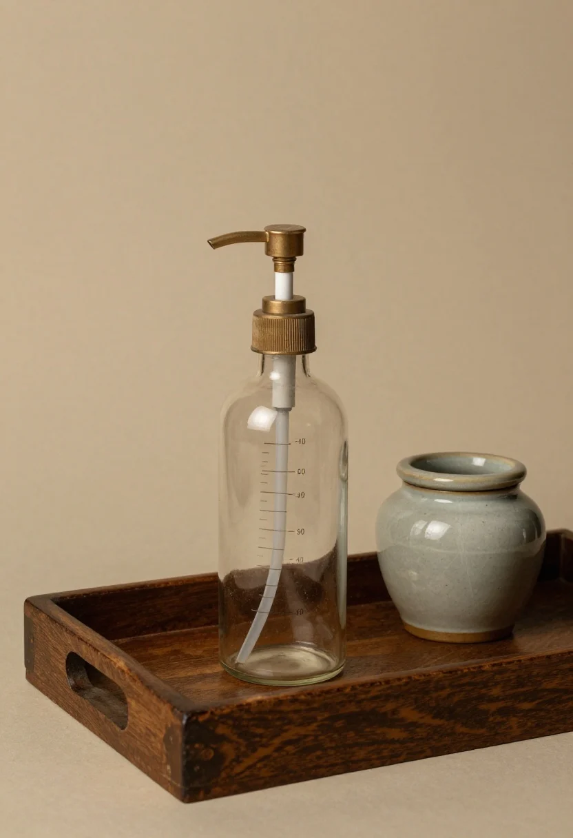 Medium shot, three-quarter angle: a repurposed vintage apothecary bottle with a new universal pump fitted to the measured neck, sitting on an antique wood tray. Nearby a small ceramic jar (sealed for stain resistance) also adapted with a pump. Warm, nostalgic lighting with soft shadows, subtle patina on glass and ceramic, eco-chic character; photorealistic.