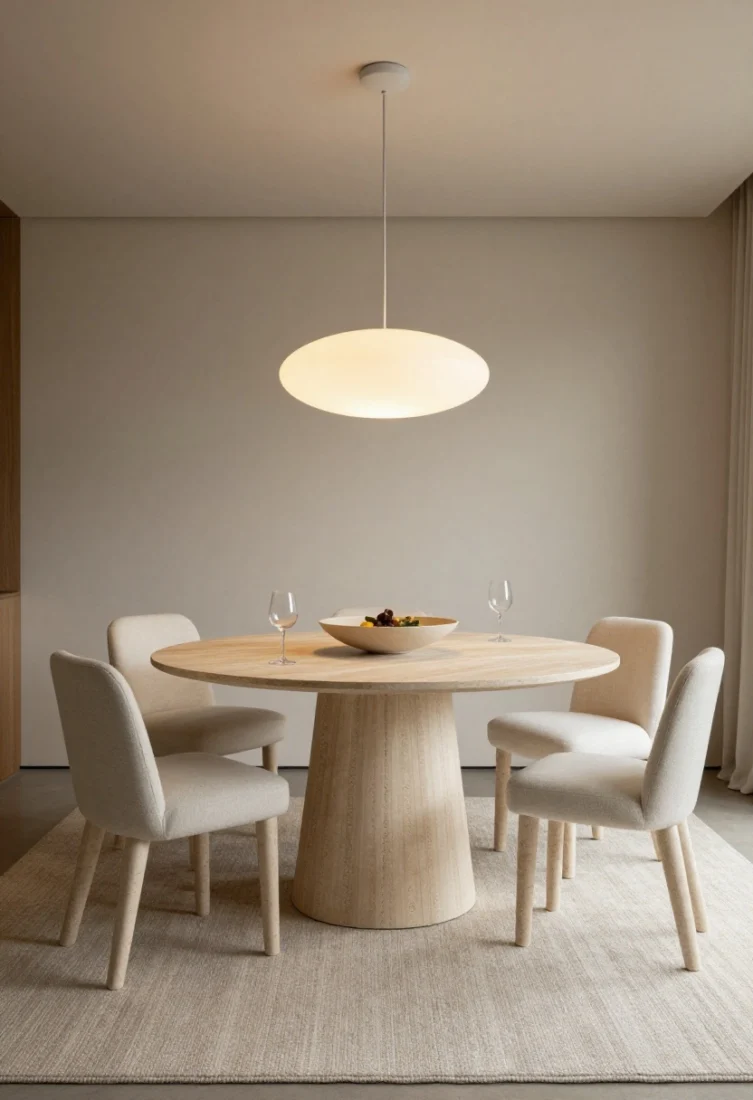 Medium shot, three-quarter angle: Compact dining vignette—round pedestal table in natural stone or lacquered wood eliminating corners, paired with armless upholstered dining chairs in a soft neutral; a diffused pendant pools warm, dimmable light over the table. A small flatweave rug slightly larger than the table defines the zone. Surfaces are clear with barware concealed; a single low floral bowl centerpiece avoids visual block. Premium finishes and sculpted forms feel gracious in tight paths.