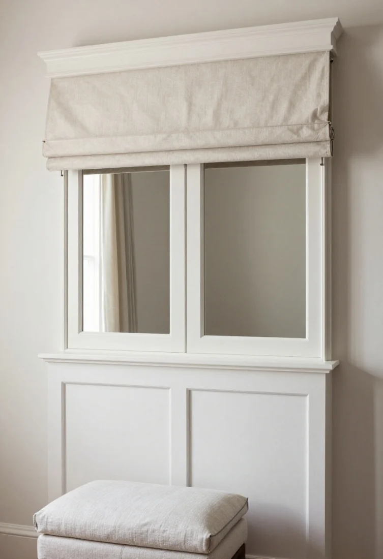 Medium shot: Traditional elegance with café panels below and a slim tailored valance above. Valance drop calibrated to 10 inches, self-welt trim for definition. Cotton-linen blend fabric in a refined neutral, clean lines without ruffles. Window framed between tall mirrors; the valance caps the composition and hides hardware. Coordinated piping detail echoed on a small bath stool cushion.