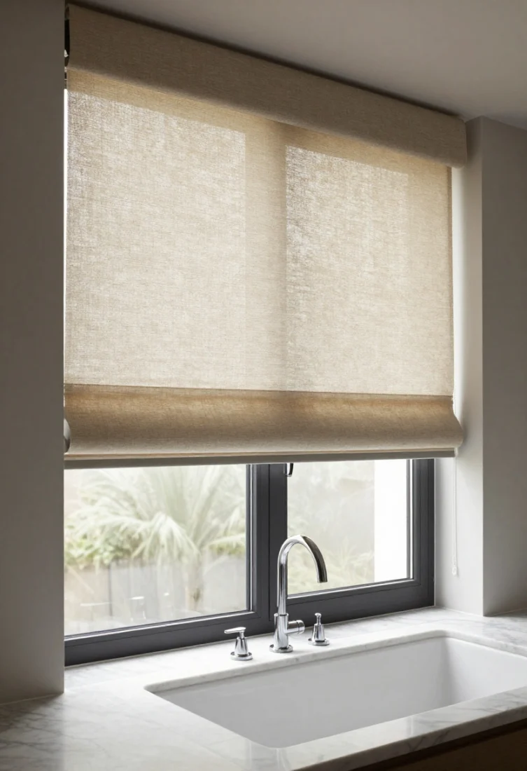 Medium shot: Tub-side window with top-down bottom-up cellular shade set to allow light at the top while shielding eye-level views. Light-filtering fabric in a warm neutral with subtle woven texture complements cool marble and chrome fixtures. Low-profile headrail coordinated with faucet finish. Clean, modern lines, no heavy drapery; layered lighting and spa-calm atmosphere.