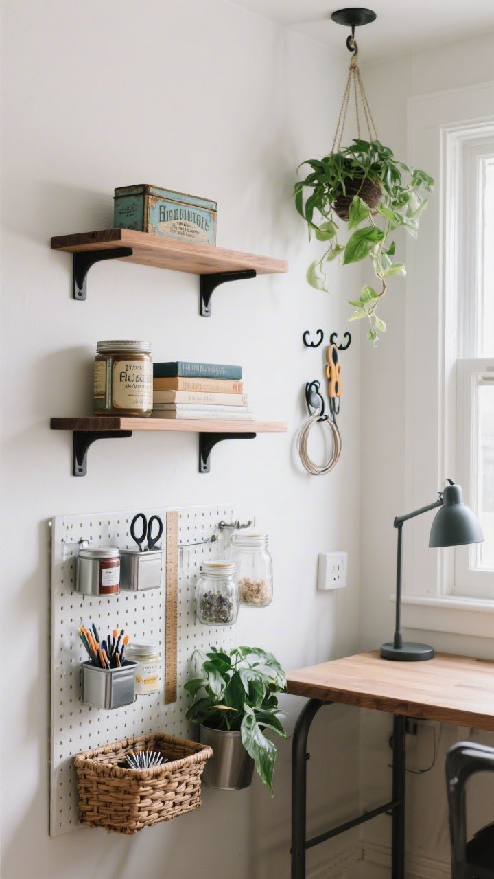 Medium straight-on shot focused on vertical storage above a desk: two shallow 8–10 inch oak shelves mounted on black iron brackets; top shelf styled with vintage tins and a few books, bottom shelf purely functional with jars of paints and mini bins. A pegboard over a slim cart holds scissors, rulers, and baskets; a magnetic strip grips metal snips, rulers, and tiny tins of pins. From a ceiling hook, a small hanging plant drapes to cleverly obscure a nearby outlet; S-hooks hang wire cutters, hoops, and tapes. Soft daylight with gentle highlights; textures of powder-coated pegboard, glass jars, matte tins, and leafy greenery.