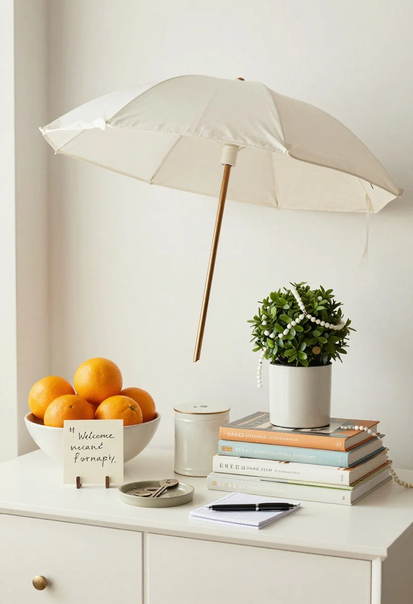 Medium, straight-on shot of a curated welcome vignette: a bowl of fresh citrus, a handwritten note on a small stand, a pretty umbrella canister beside the console, and a petite stack of design books topped with a beaded garland; a key tray, tiny coin dish, and slim notepad with pen arranged neatly; optional petite topiary by the console; bright and inviting spring ambiance.