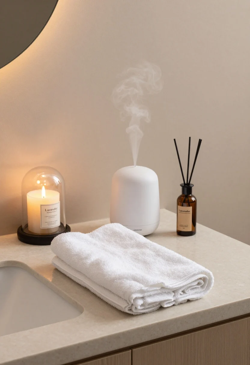 Medium, straight-on spa vignette on a bathroom counter: a shallow stone bowl filled with neatly rolled white hand towels, a sleek matte white essential oil diffuser emitting a faint mist, a candle with a set of pretty matches in a glass cloche or an electric lighter beside it; choose one signature scent cue with a labeled “Lavender” diffuser bottle; calm evening ambient lighting with a warm glow for serene hotel spa mood.