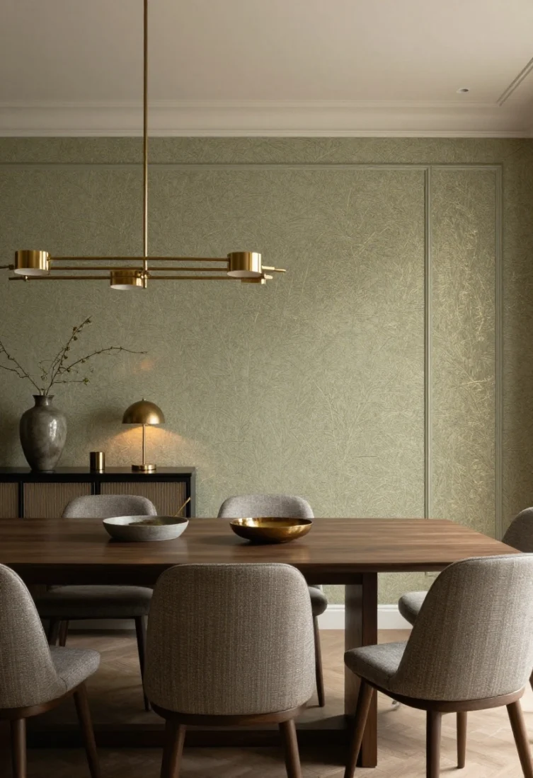 Medium, straight-on view of a dining wall dressed in a refined grasscloth wallpaper in smoky olive with subtle metallic threads that whisper luxury; the paper is framed within simple molding to create a “panel art” effect; ceiling painted to match a hue pulled from the wallpaper for a cocooned, custom feel; a statement vase on a slim credenza echoes the wallpaper’s tone; chandelier and buffet lamps with warm dimming reveal the fiber texture and catch metallic inks at night; pattern scale is medium and calm, avoiding busy small prints; layered, editorial lighting and polished styling.