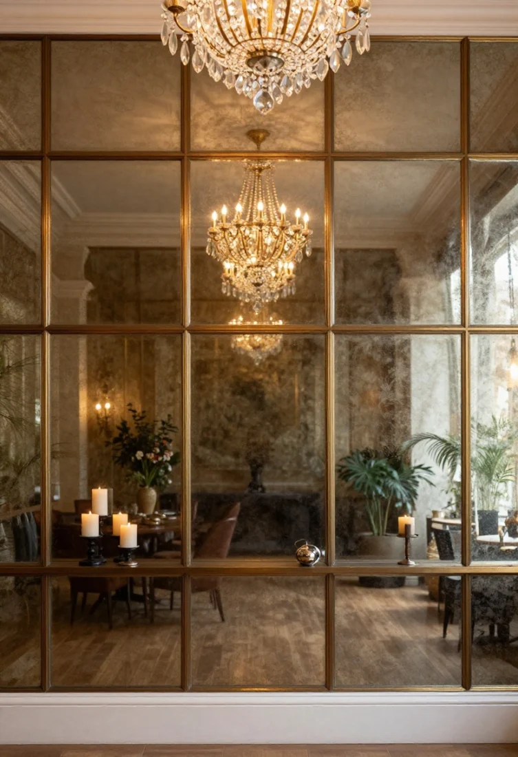 Medium, straight-on view of an accent wall in antiqued mirror panels divided by slim bronze trims into architectural sections; warm candlelight and a crystal chandelier sparkle subtly, with LED wall washers grazing to avoid hot spots; the smoked, lightly foxed patina softly blurs reflections for a flattering, opulent glow; a slim console beneath holds candleholders and a single polished decor object; reflections capture greenery or art opposite without feeling literal; premium, hospitality-inspired ambience.
