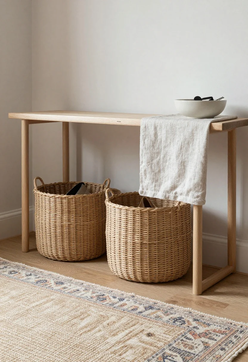 Medium, straight-on view of an entry console vignette emphasizing layered light, breathable textures: a jute flatweave base rug with a vintage-style runner layered on top (washed pattern in muted colors), woven baskets trio beneath a slim console (labeled shoes/scarves/bags), linen runner draped over the console, ceramic catchall bowl for keys; soft daylight filtering in, tactile detail visible.