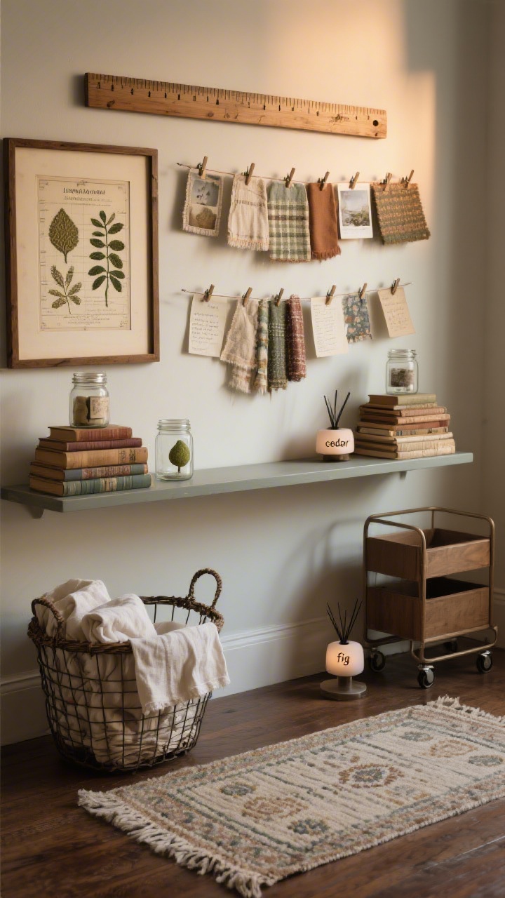 Medium straight-on vignette capturing the styled vintage craft story in motion: framed embroidery samples, a wooden yardstick gallery, and an old botanical chart arranged above a slim console. A clip rail displays current fabric swatches, inspiration photos, and notes. Jars sit on stacks of vintage craft books used as risers for varied height. A wire basket holds neatly folded flour-sack towels. On the floor, a flatweave 3x5 rug with a subtle, vintage-inspired pattern (stain-hiding colors) leaves clearance for a nearby rolling cart. A small diffuser labeled “cedar” or “fig” sits unobtrusively. Warm, collected mood with soft evening light.