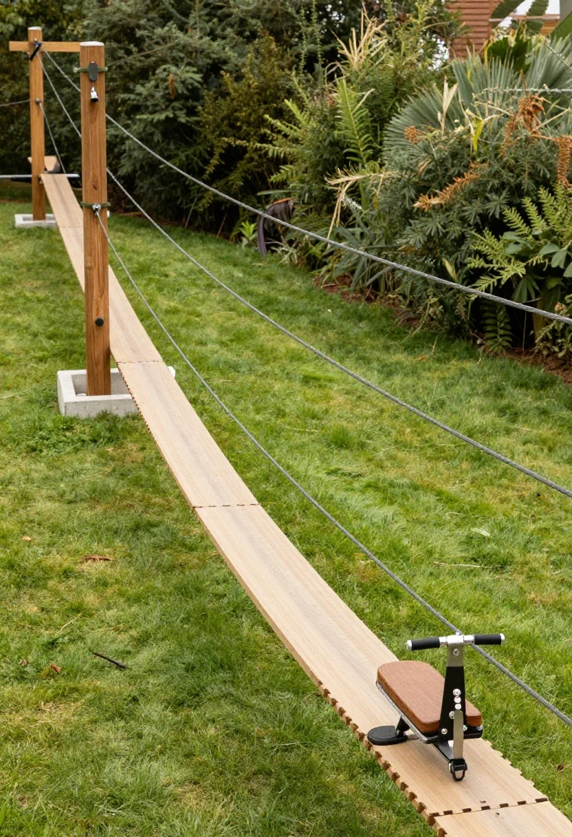 Medium telephoto view of a zip line and slackline setup: robust timber posts set in concrete anchor a short backyard zip line run with a trolley featuring hand grips, an optional seat, and a visible brake block near the end over padded grass with foam mats. A slackline stretches between protected anchor points using tree-safe straps. The line angles discreetly along one side so it doesn’t bisect the yard. Crisp daylight, angled perspective to show gentle slope and safety zones.