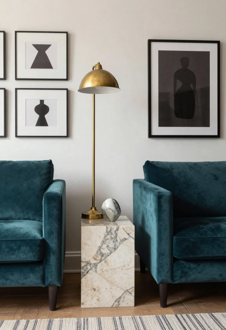 Medium vignette: A velvet sofa in deep teal paired with a honed travertine side table; patinated brass lamp with a lacquered stem and mixed-metal picture lights on the wall; veined marble objet on the tabletop, balanced with blackened steel frame art—materials reading as jewelry accents under layered, warm illumination.