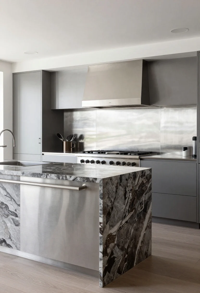 Medium-wide industrial-meets-couture vignette: Honed viola marble island paired with stainless steel appliances and a brushed stainless worktop on a side run; stainless-steel backsplash panel behind the range, viola marble elsewhere; brushed stainless bar pulls unify the look; balanced, neutral lighting to temper glare; no people.